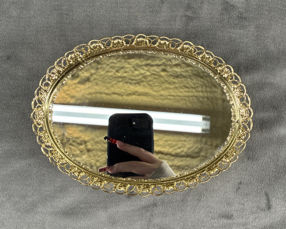 Vintage Vanity Dresser Mirror Tray Brass Filigree Frame Footed Small Oval 7x5”